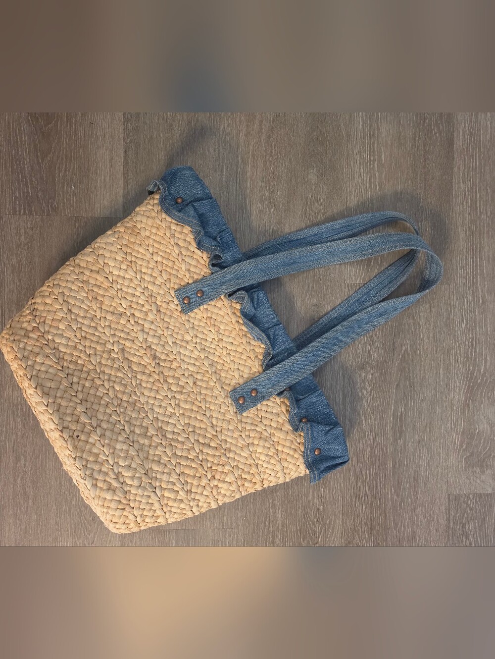 Vintage Ralph Lauren Straw Tote Bag ~ Denim Trim ~ Beach ~ Boho ~ Summer - Picture 2 of 5